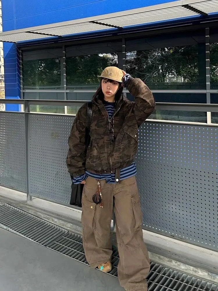 Y2K retro khaki pocket cargo denim pants for women oversized old washed loose men fashionable street casual straight jeans 250317