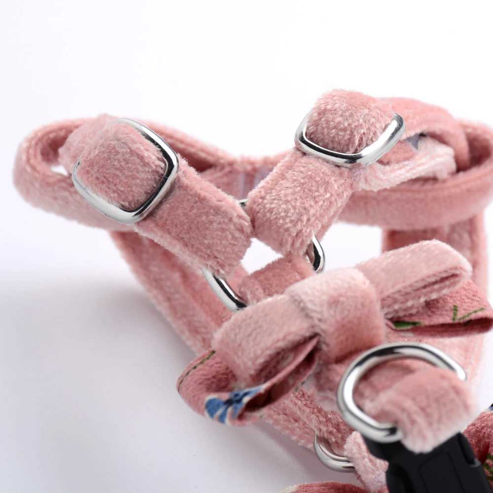 Pink Floral Flocking Dog Collar With Rhinestone For Small Dogs Pink White Pet Harness Princess Cat Comfort Walking Pitbull PugsT250318