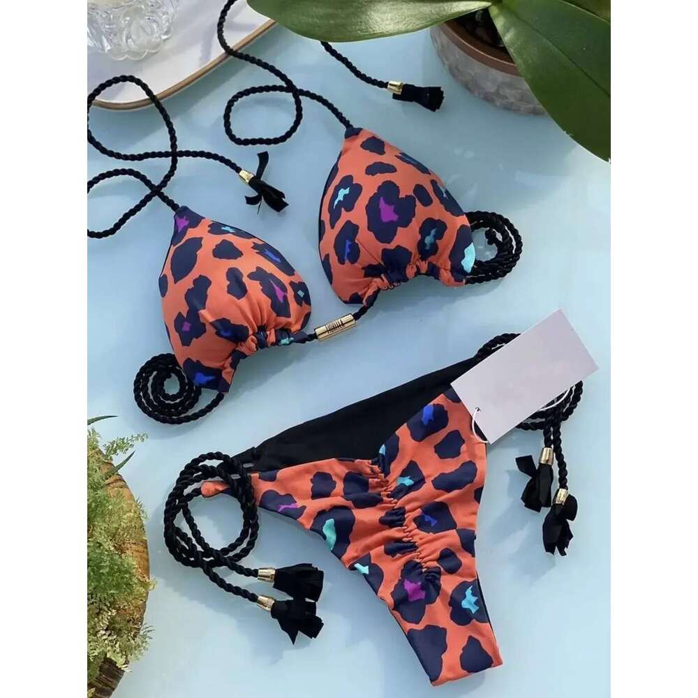 Sexy Swimwear for Women, Triangle, Two-Piece Set, Bandage, Solid Color, String, Beachwear