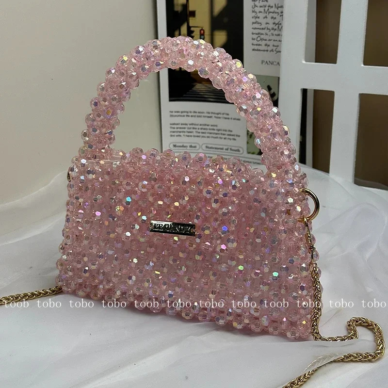 Summer Shining Bling Pink Clutch Bag Acrylic Beaded Woven Handbags for Women Crossbody Dinner Bags with Inner 250318