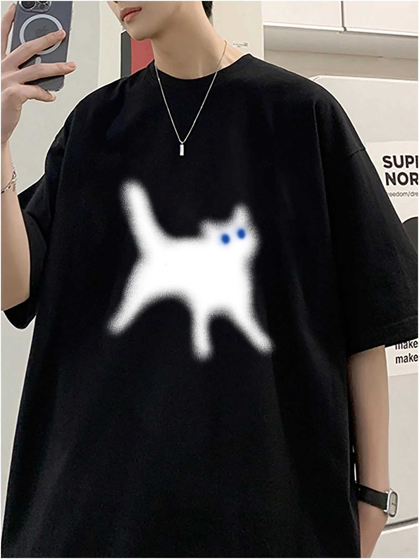 Chic Cat Print Mens T-shirt Fashion Loose Clothing Summer New Designer Brand T-shirt O-neck Mens Cotton Short sleeved TopT250318