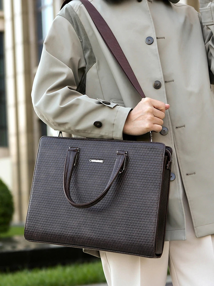 mens briefcase PU leather high-quality administrative document office shoulder investment portfolio large capacity business side bag 250317