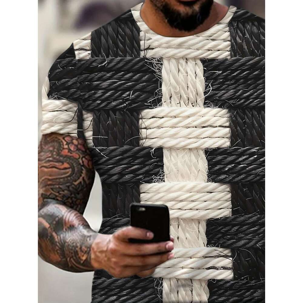Men's 3D printed striped T-shirt, round neck, short sleeved top, sporty style, summer fashion trend, big