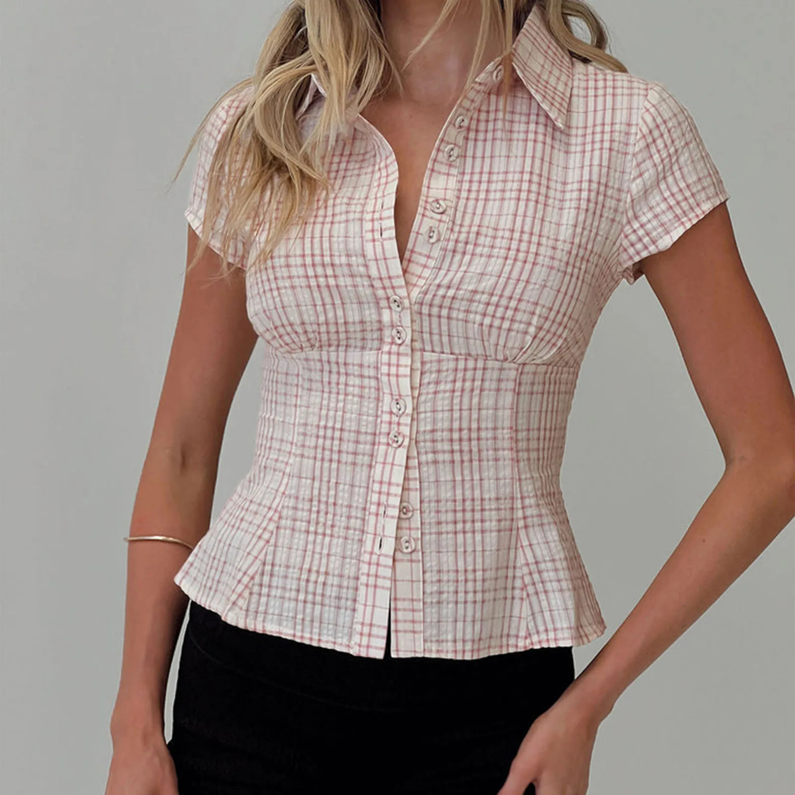 Hirigin womens Y2K short sleeved plain down button loose casual summer shirt top 90s streetwear 250314