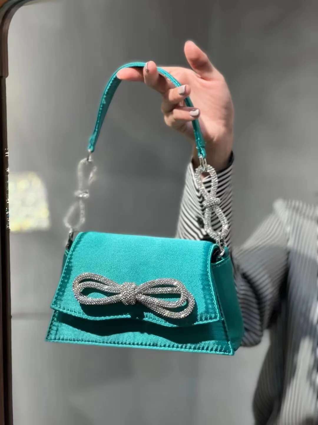 Satin Square Glitter Bow Knot Women's Handbag Rhies Dia Evening Dinner Party Clutch Purse Shoulder Bag