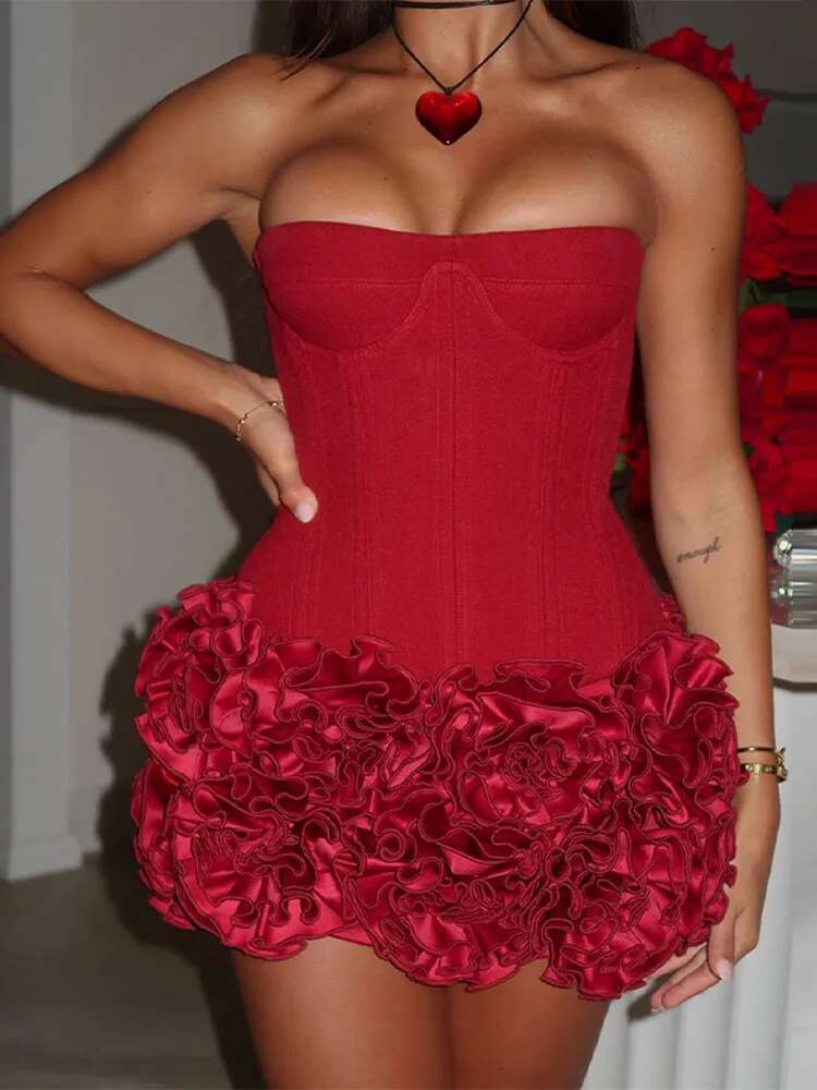 Wers Red Sexy Mini Women Fishbone Bandage Adjustable Tube Top Wer Dresses 2025 Party Club Sleeveless Dress