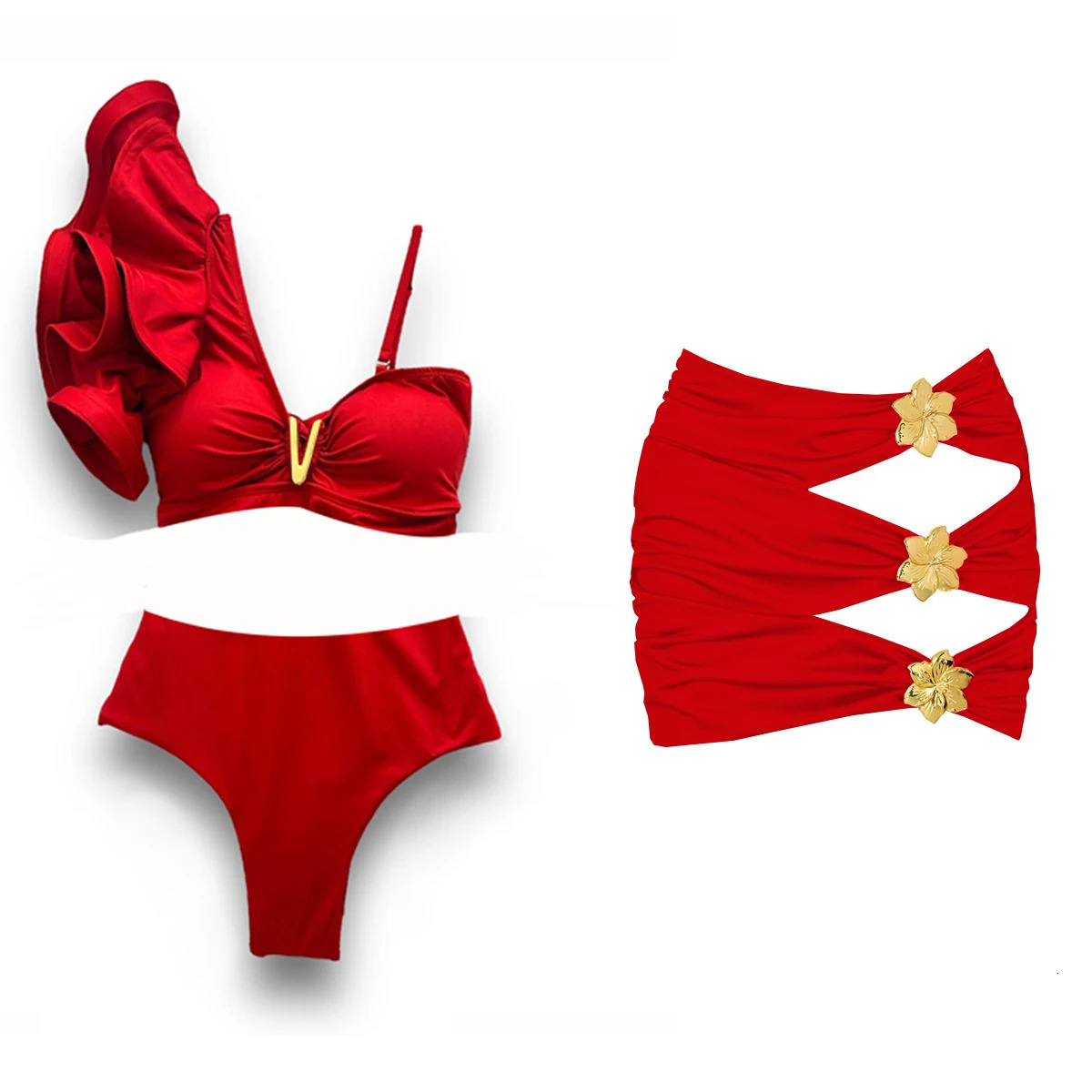 V Neck Bikini Women Ruffle Swimsuit Red Bikini Set Halter Swimwear High Leg biquini High Waist Beach Wear Swim 250318