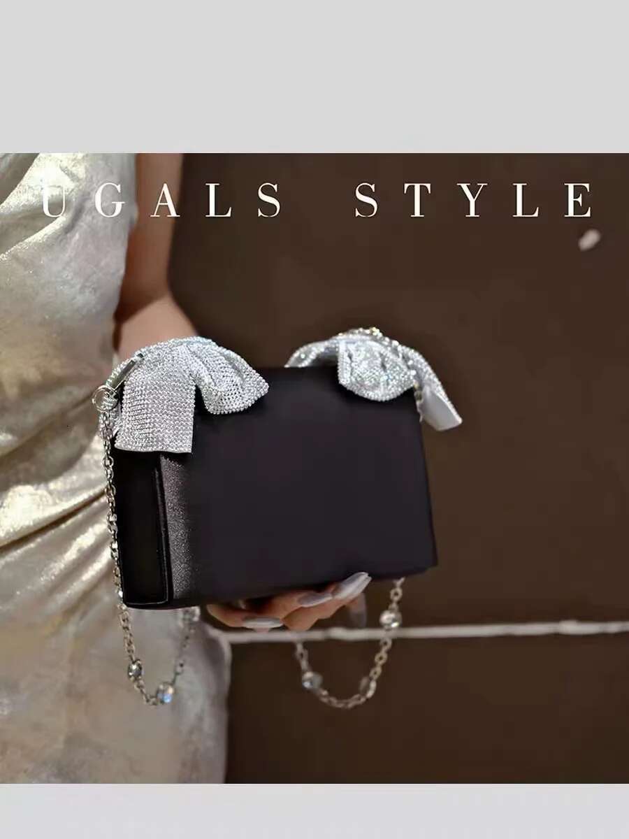 Satin Square Women's Handbag Glitter Shiny Dias Bow Knot Evening Wedding Party Clutch Purse Crossbody Bag