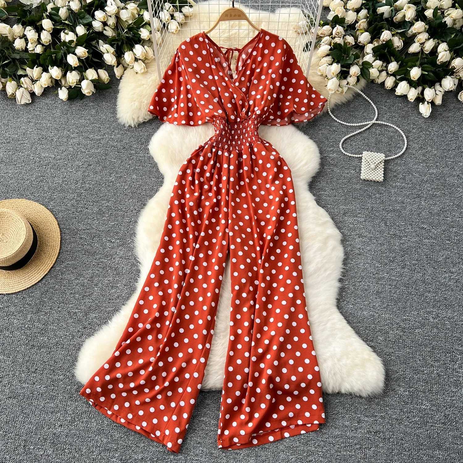 New summer polka dot jumpsuit elegant womens V-neck short Slve high waisted jumpsuit loose wide leg sportswear fashionable X250318