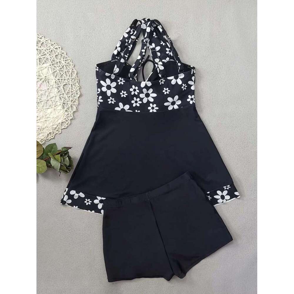 Vintage Black Floral Printed Bikini Skirt Set 2025 Pre knot High Shorts Swimsuit Women's High Waist Swimsuit Tankini