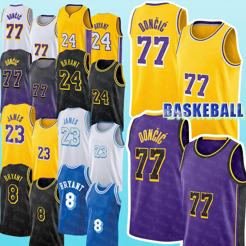 No.77 Lukas Doncic Los Angeleses Men's Basketball Shirt Jerseys Lakeres White Yellow Purple Black 23 LeBrons James Purple Gradient Breathable Embroidery S-XXL