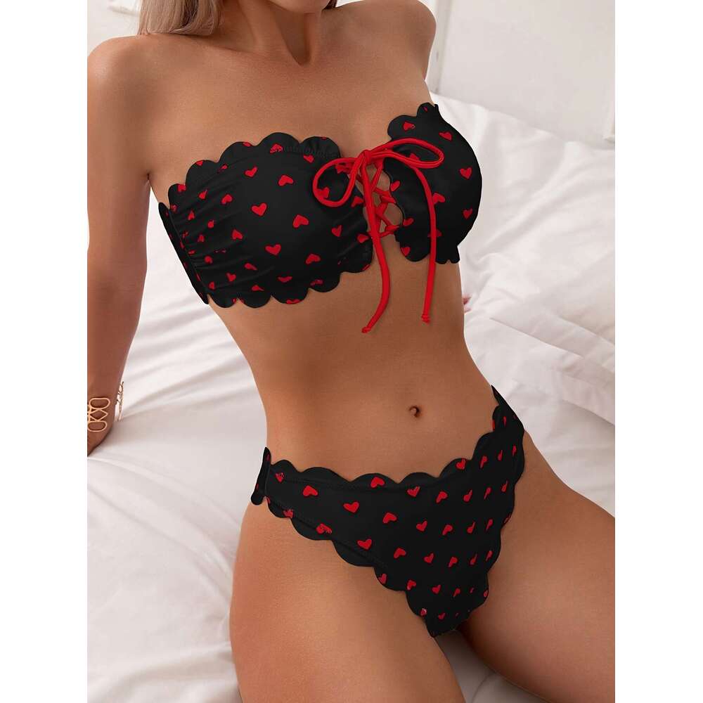Heart Pattern Bandeau 2 Piece Set Bikini, Tube Top Scallop Trim Tie Front High Cut Swimsuits, Valentine's Day Women's Swimwear & Clothing