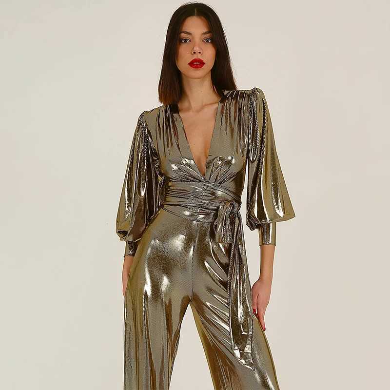2025 Spring Summer New Arrivals Womens Evening Style Slim Fit Long Sleeve V-Neck Puff Sleeve Metallic Prom Party Jumpsuit X250318