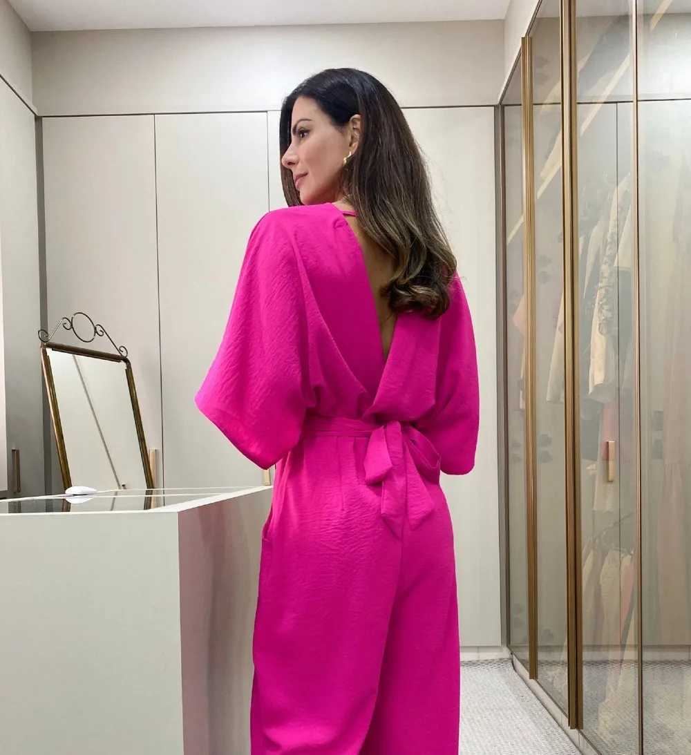 Womens jumpsuit wide leg pants V-neck one-piece splicing full length Slve solid waistband high Strt loose fit X250318