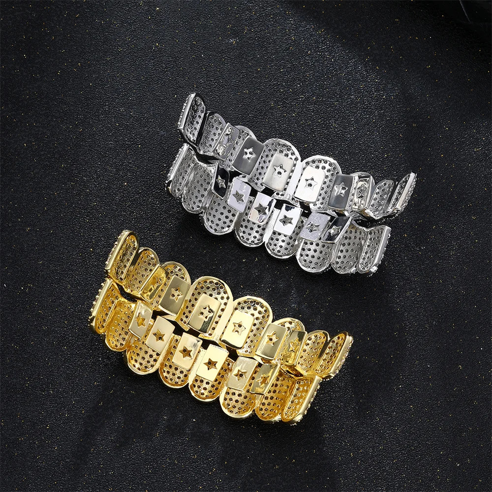 D Z Bling Cubic Zircon Teeth Set For Unisex Top Bottom Mouth Removable Dental Gold Silver Color Fashion Jewelry 250318