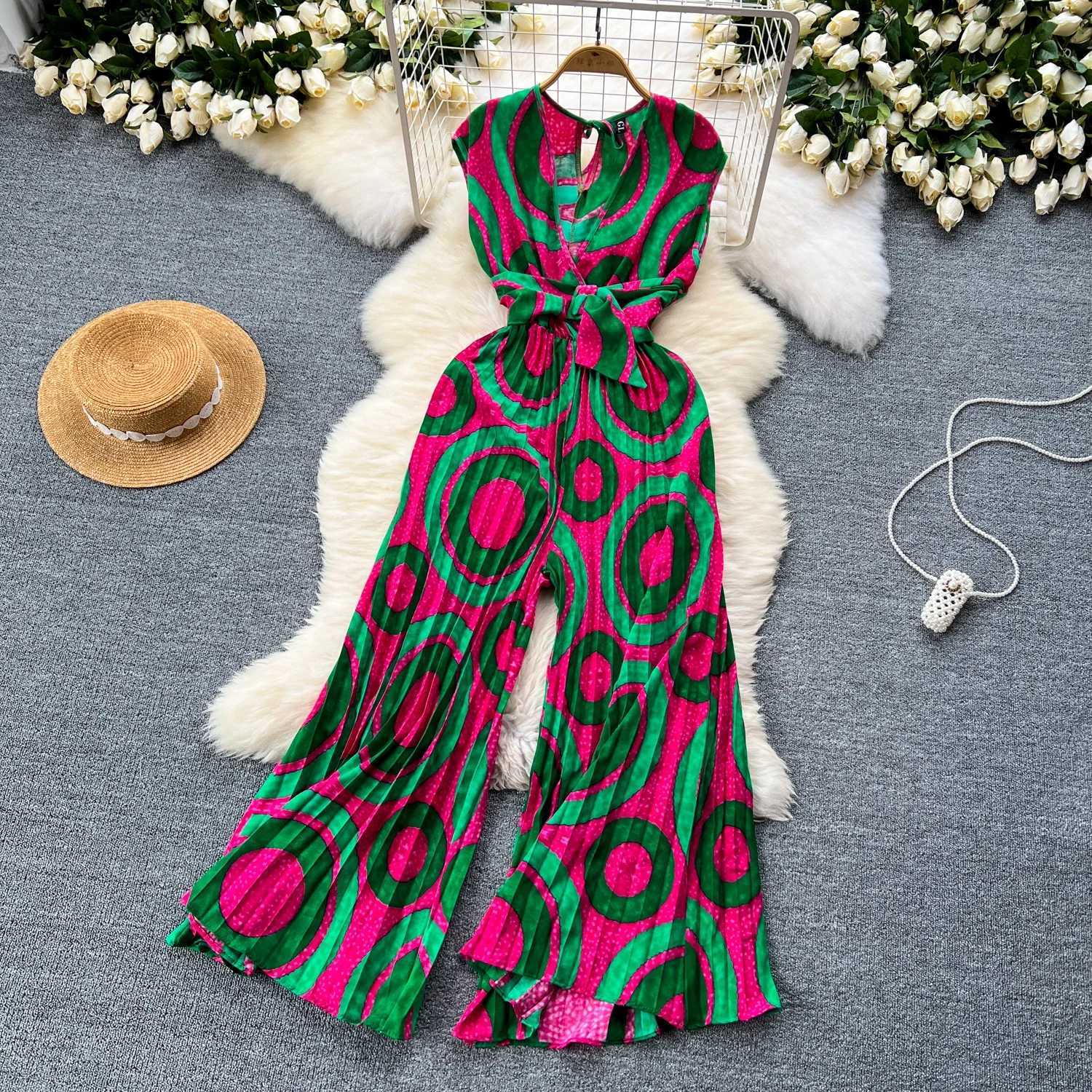 2024 Summer Elegant Womens Abstract Printed jumpsuit Fashion T-shirt Wide Leg Waiver Strapless X250318