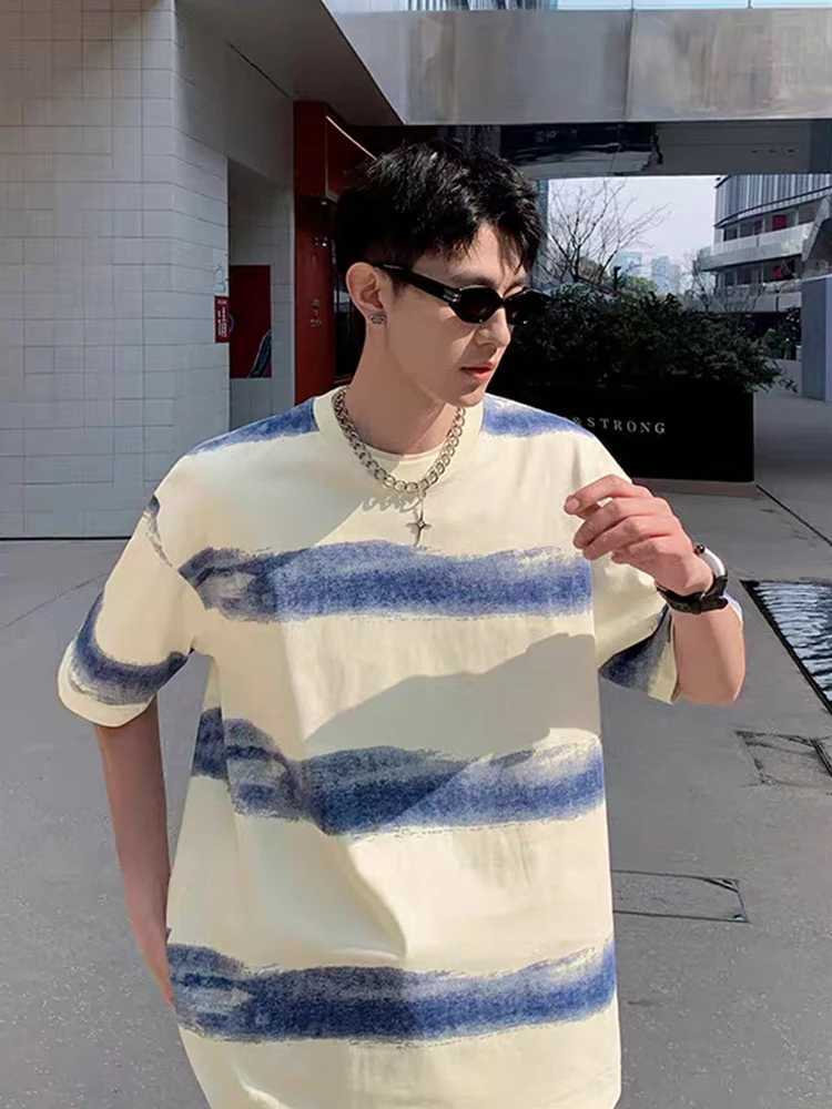 250G cotton summer T-shirt mens Korean fashion irregular striped basic T-shirt Y2K top short sleeved oversized T-shirtT250318