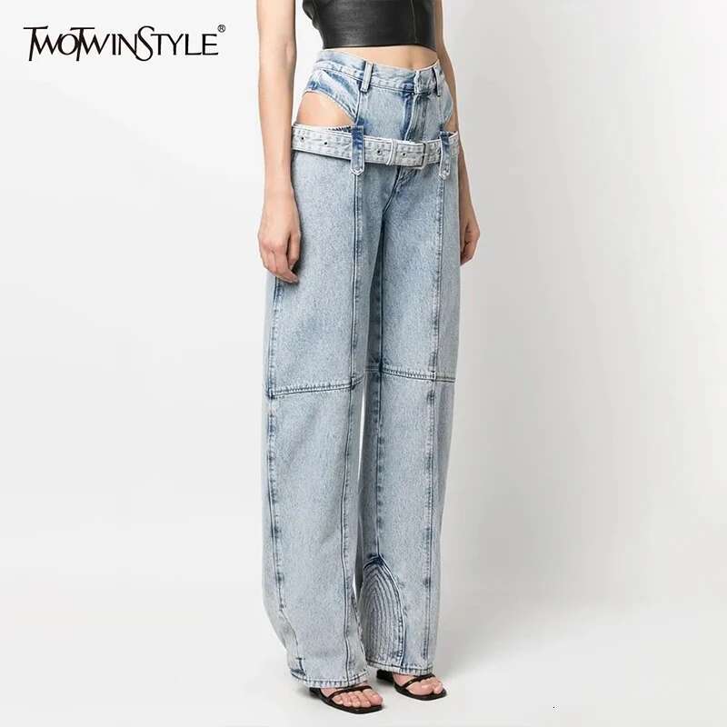 TWOTWINSTYLE Casual Cut Out Denim Trousers For Women High Waist Patchwork Belt Vintage Streetwear Jean Female Fashion Clothing