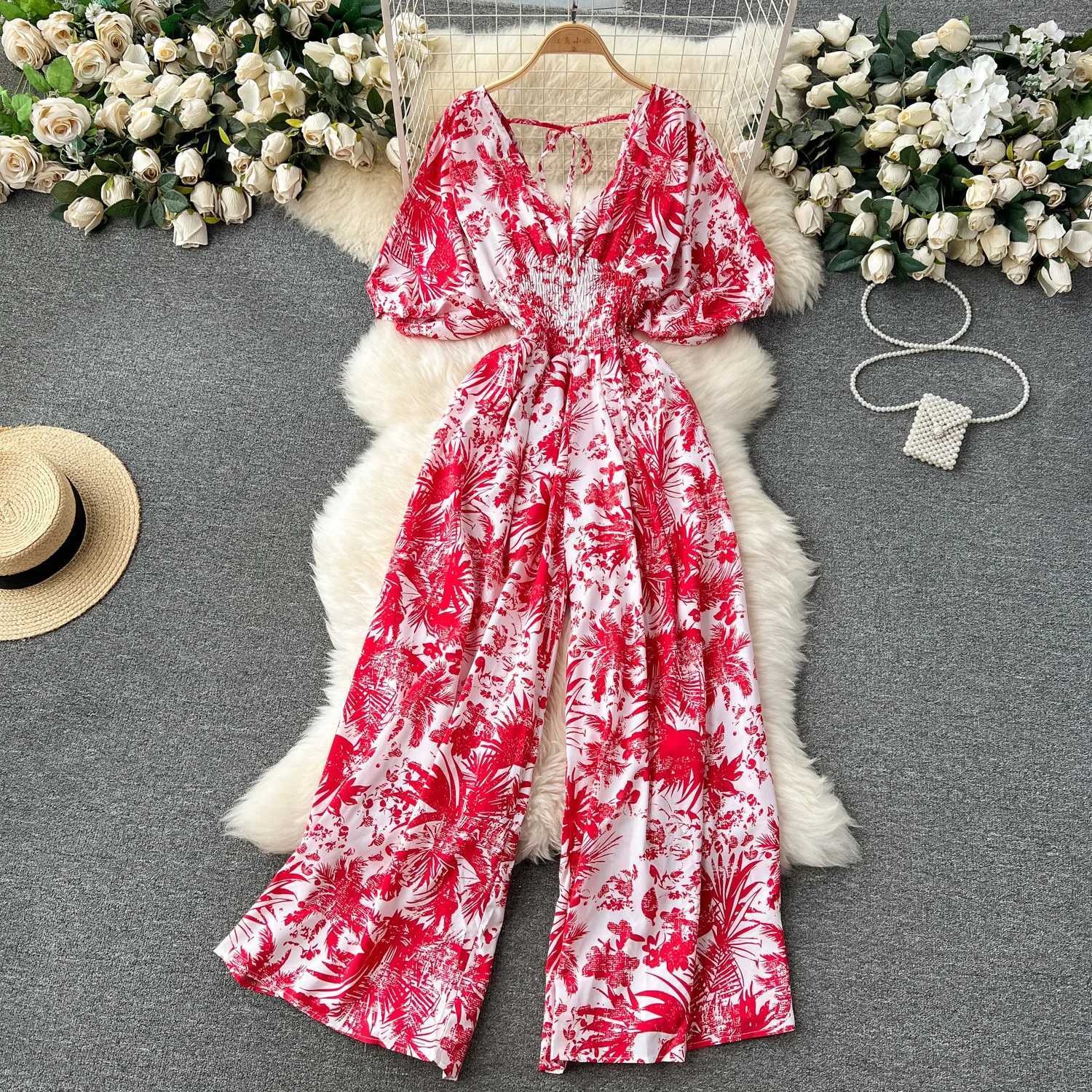 V-neck sexy Dolman Slves waist slim print jumpsuit womens wide leg Trouser jumpsuit X2503181
