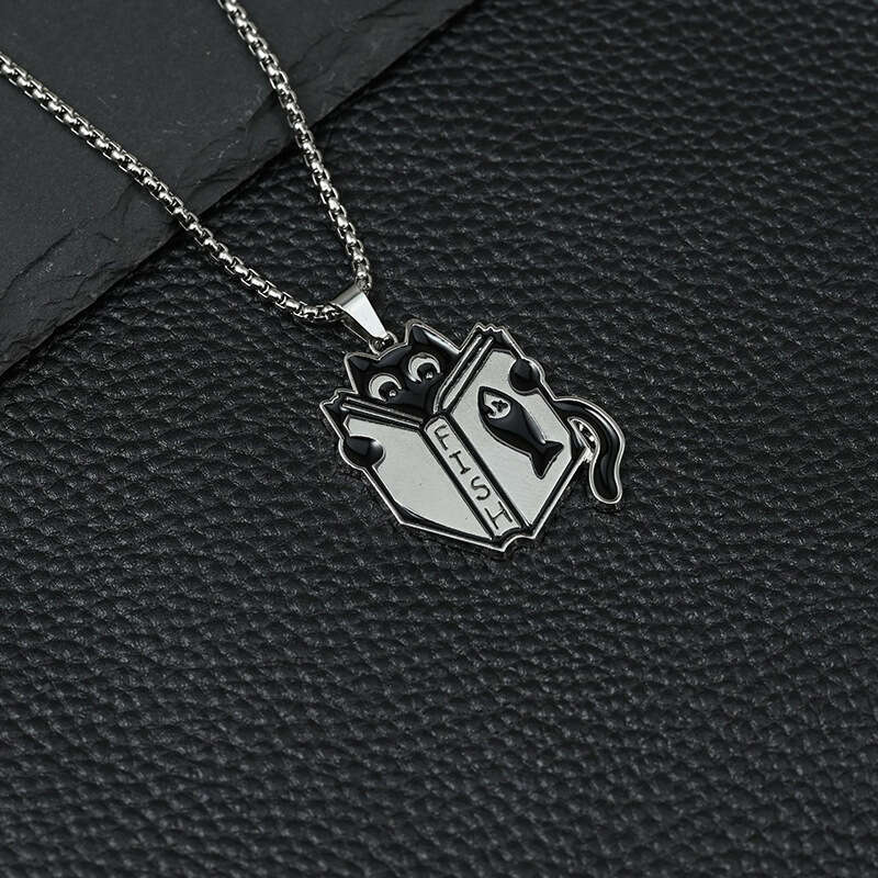 FISH Reading Necklace Stainless Steel Ins Small and Minimally Creative Learning Little Black Cat Cute Pendant