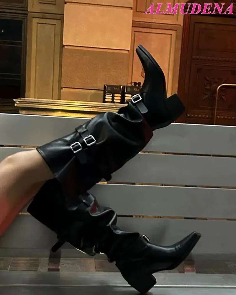 Black Leather Buckled Knee High Boots Women's Chunky Low Heel Vintage Western Pointed Toe Long Boot Designer Party Shoes