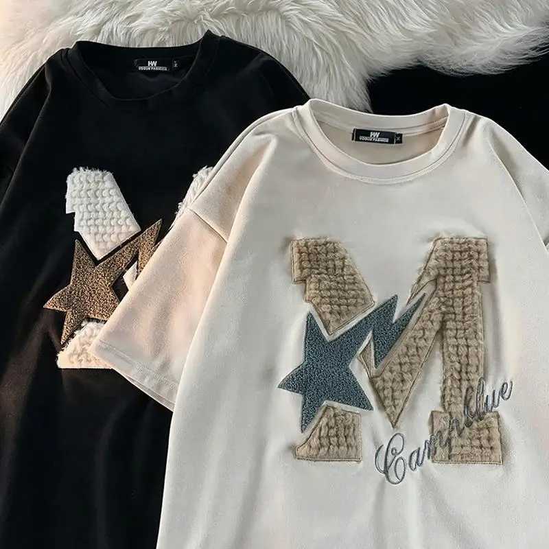 New trend brand American retro letter for men wearing short sleeved T-shirts with loose design students wearing versatile topT250318