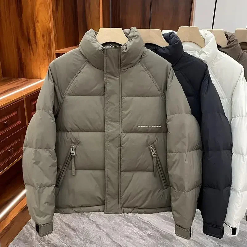 Winter white duck down jacket mens Korean version fashionable solid color casual stand collar short thick warm 250109Z