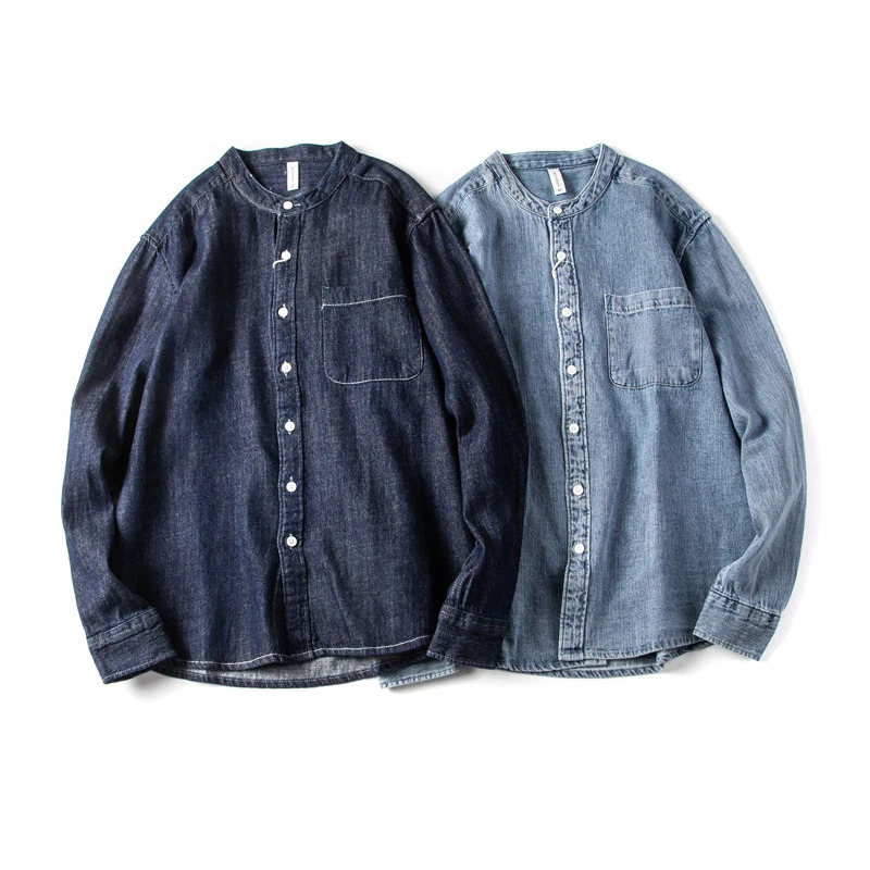 Spring/Autumn Casual Loose Laundry Denim Collarless Mens Long Sleeve Japanese Retro Work Clothes Top for Young Men 250317