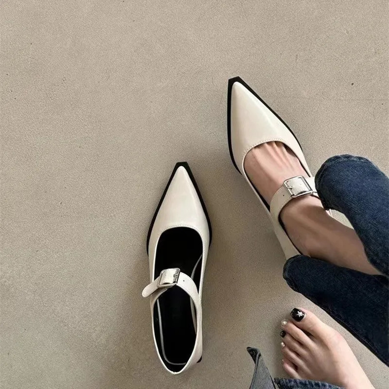 Spring and Autumn Line Belt Buckle Medium Heel Small Leather Shoes To Wear Fashion Mary Jane Shoes Womens Shoes 250318