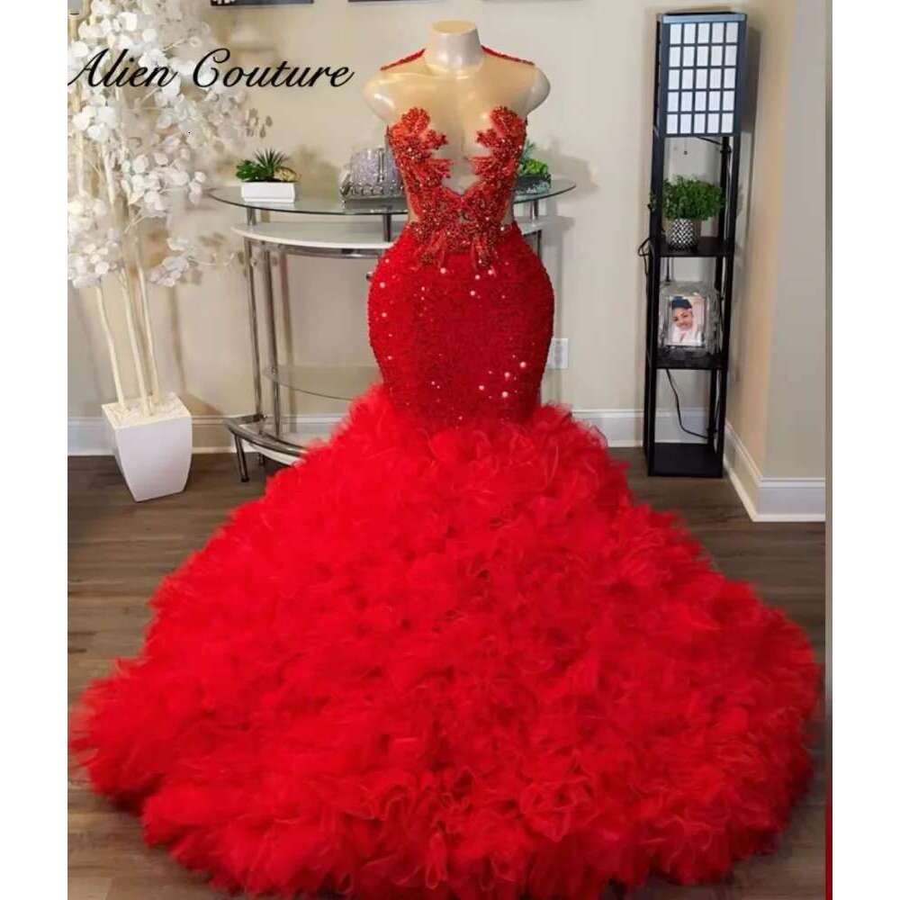 Exquisite Red Mermaid Prom Dresses Tiered Ruffle Beading Crystals Dias Biethday Party Dress Evening Gown Customized Dr0318