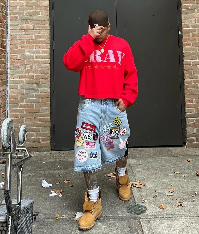 Y2K jeans mens hiphop cartoon graphic streetwear retro patch work denim shorts blue loose fitness casual 250317