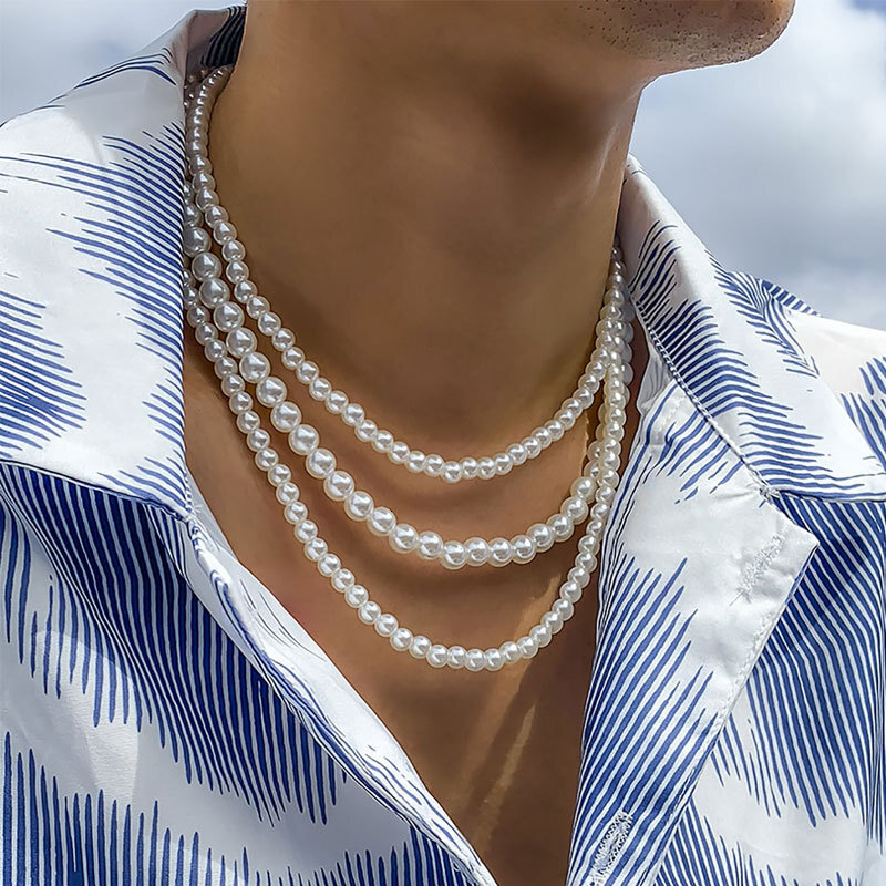 Three Layers With Imitation Pearl Necklace Men's Artificial Pearl Multi-layer Long Sweater Chain Jewelry