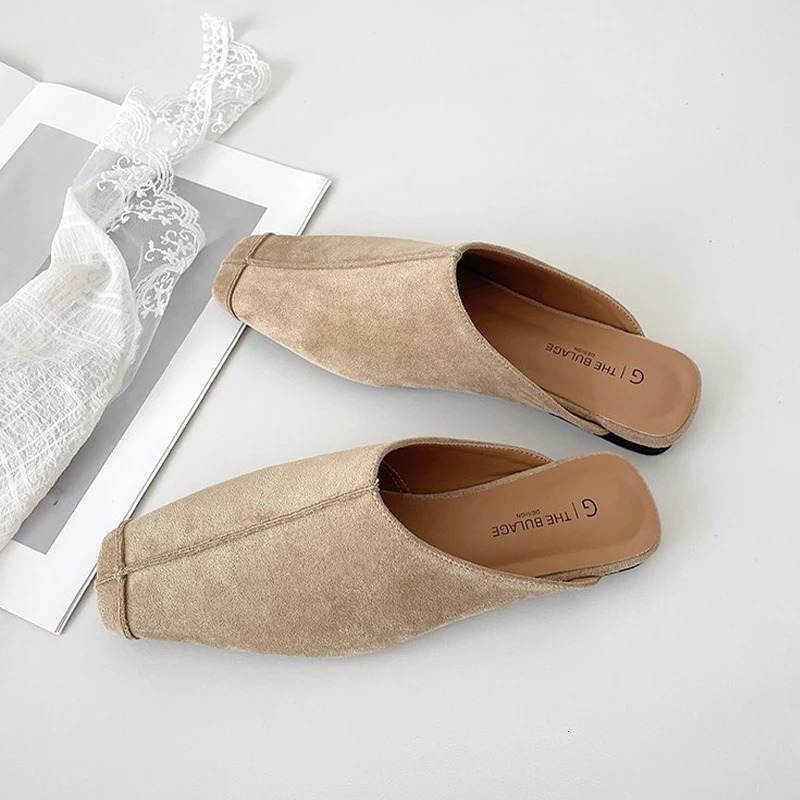 Flats Mules Shoes Square Toe Slippers Suede Sandals Women Summer Casual Comfort Slides Sgback Flip ps De Mujer 250320