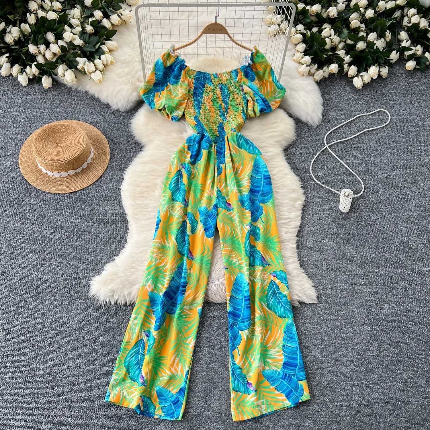 Square neckline loose pleated jumpsuit with pleated edges backless wide leg pants for women elegant and fashionable printed Playsuits X250318