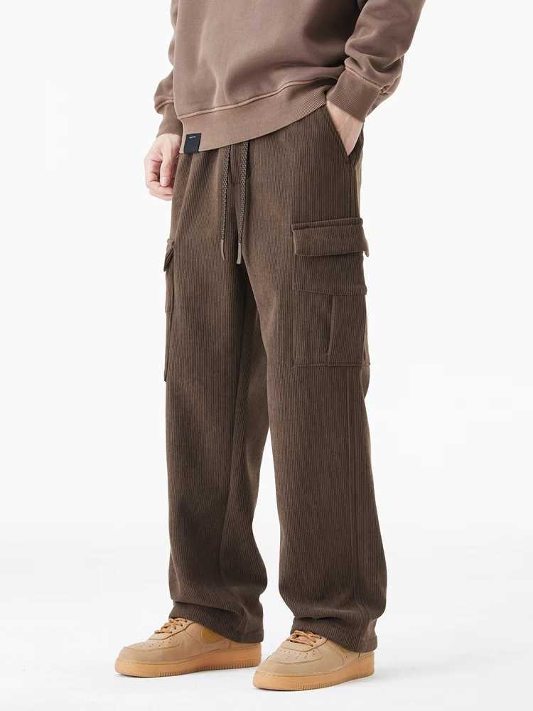 Winter Corduroy sports pants mens multi pocket wool lined knitted cargo pants thick warm casual loose straight mens sports pants W250318