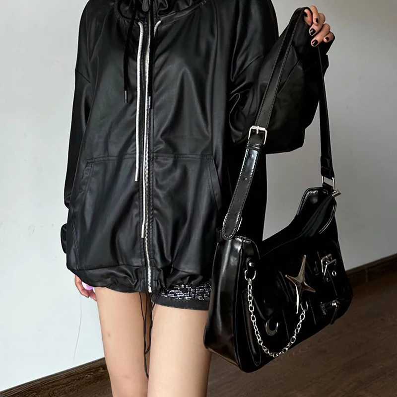 My Y2k goes to the Shoder bag Harajuku Fi Gothic casual black chain handbag hot girl Pu leather women motorcycle bag Sac Y250318
