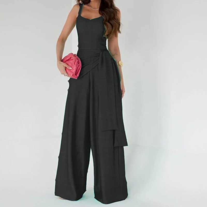 Office Fashion Waist Lace-up Long Jumpsuits Women Elegant Slveless Solid Party Rompers Summer Casual Loose Playsuits Overalls X250318