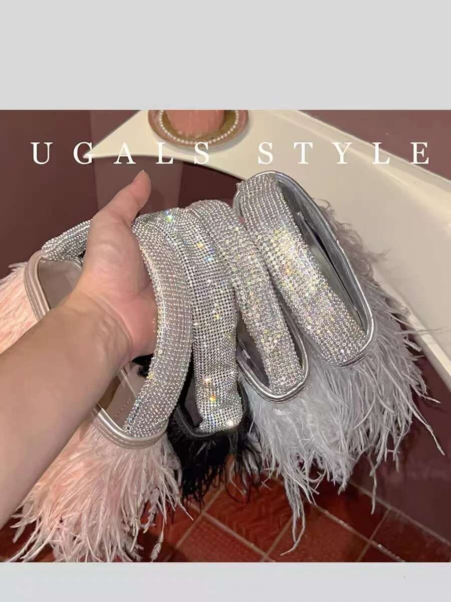 Fashion Ostrich Hair Women's Handbag Glitter Shiny Dia Handle Evening Wedding Party Clutch Purse Shoulder Bag