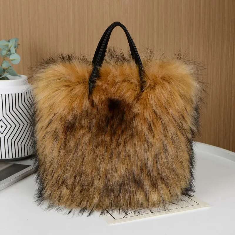 Meet You Women's Large Capacity Faux Fur Tote Bag Fashion Soft Plush Spliced Pu Leather Handbag Winter Fluffy Warm Shopper Purse
