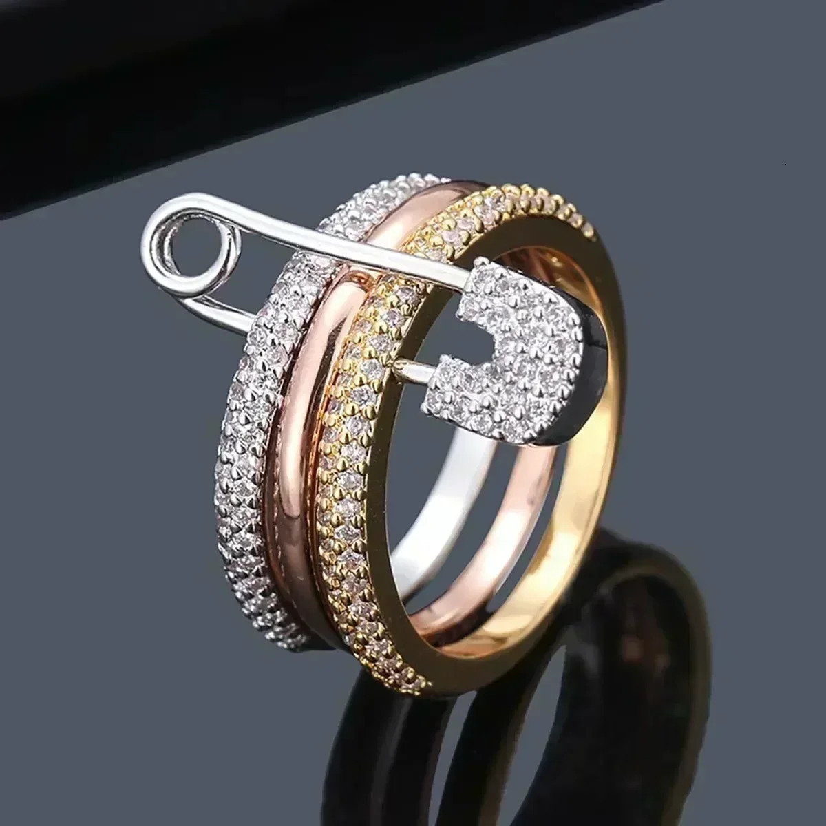 Pin Ring Three Layer Zircon Series Hip Hop Style Stainless Steel Year Gift Party Jewelry 250317y