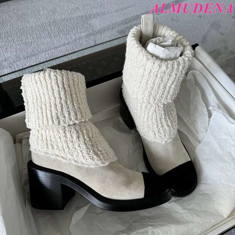 Women's 2025 New In Black And White Chunky Heel Sock Boots Designer Round Toe Booties Elegant Party Knit Shoes