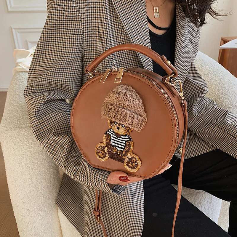 Cartoon For Women 2022 New Designer Handbag Vintage Leather Shoulder Bag Woman Cute Bear Small Round Crossbody Bags