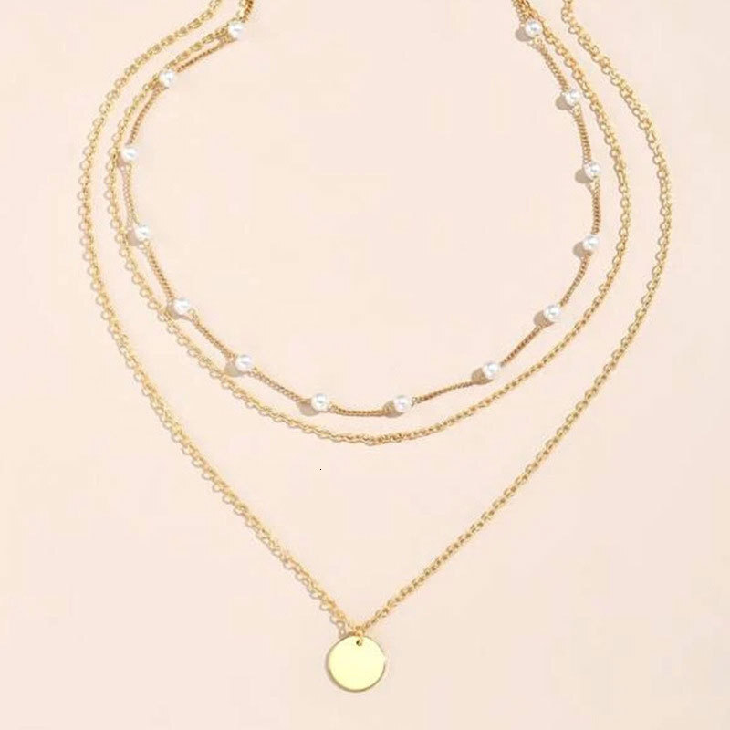 Imitation Pearl Chain Round Piece Pendant Three Layer Necklace Women Simple Collarbone Chain Choker Jewelry
