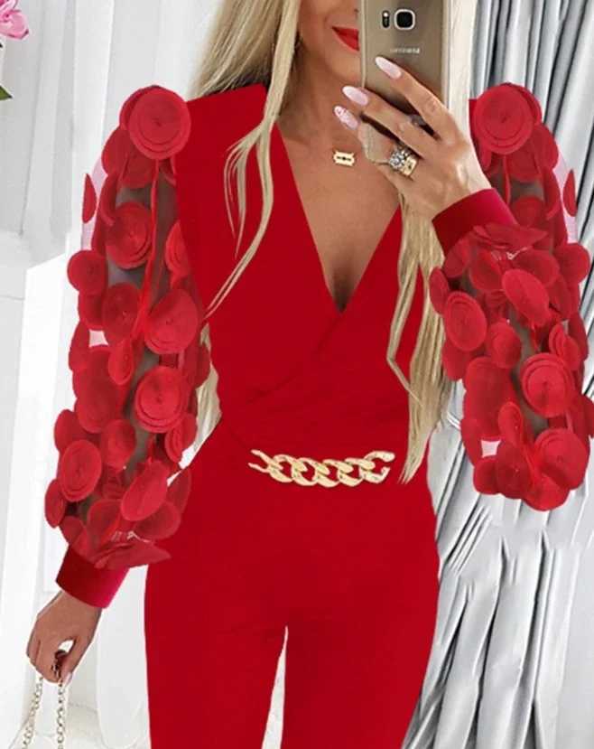 Jumpsuit Women Spring Fashion Floral Pattern Shr Mesh Patch Chain Decor Casual V-Neck Long Sleeve Skinny Daily Long Jumpsuit X250318