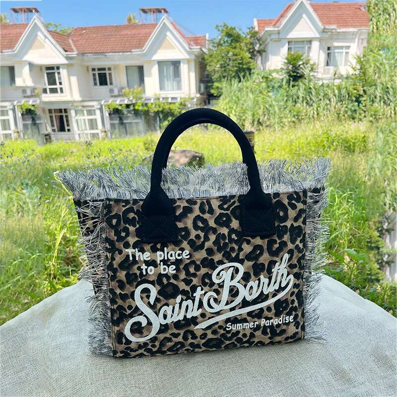 Women Fashion Leopard Canvas 2025 Newtassel Design Small Straw Crossbody Bags Denim Mini Tote Bag Purse Cute Female Handbag