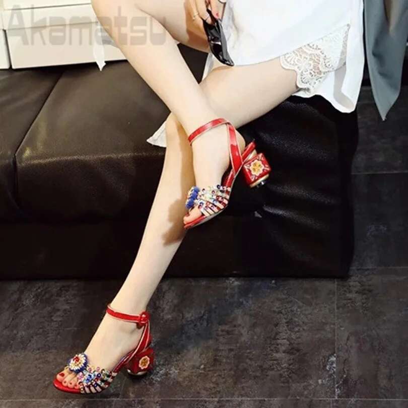 Strange Heel Sandals Ethnic Style Colorful Rhies Personalized Ankle Buckle Strap Women's Shoes Large Sizes 34-43
