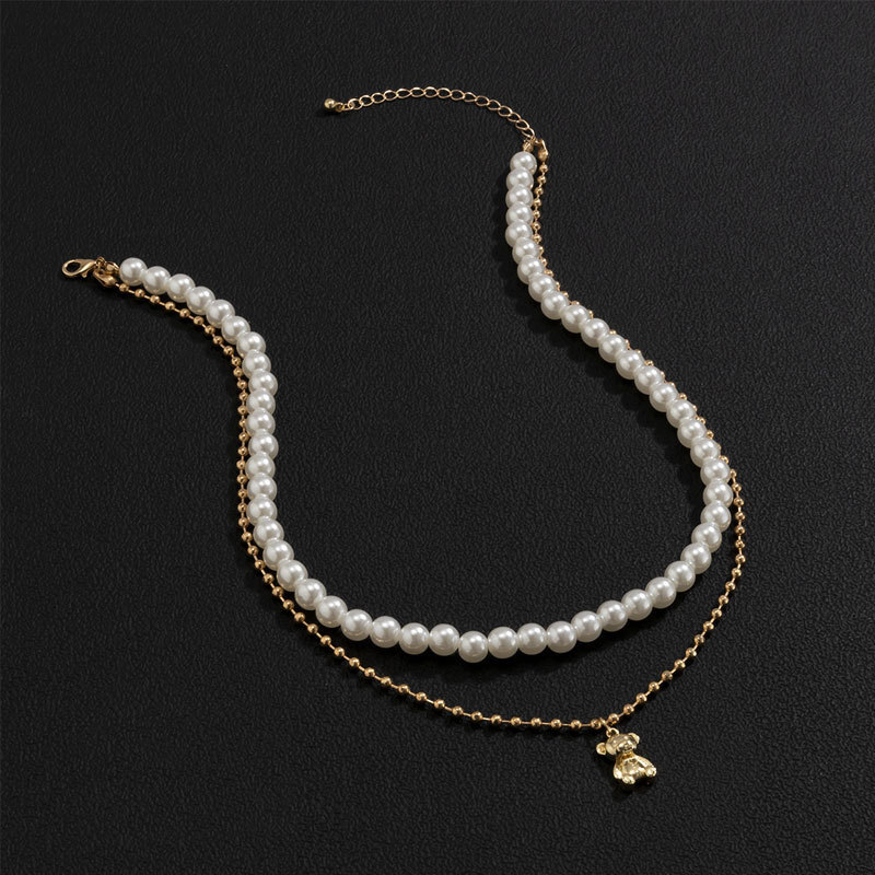 Imitation Pearl Bear Pendant Double Necklace Male Hip Hop Everything Collarbone Chain Choker Jewelry