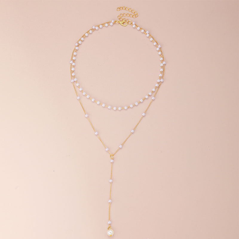 Imitation Pearl Double Necklace Female Personality Y-shaped Pearl Fringe Multi-layer Clavicle Chain Jewelry