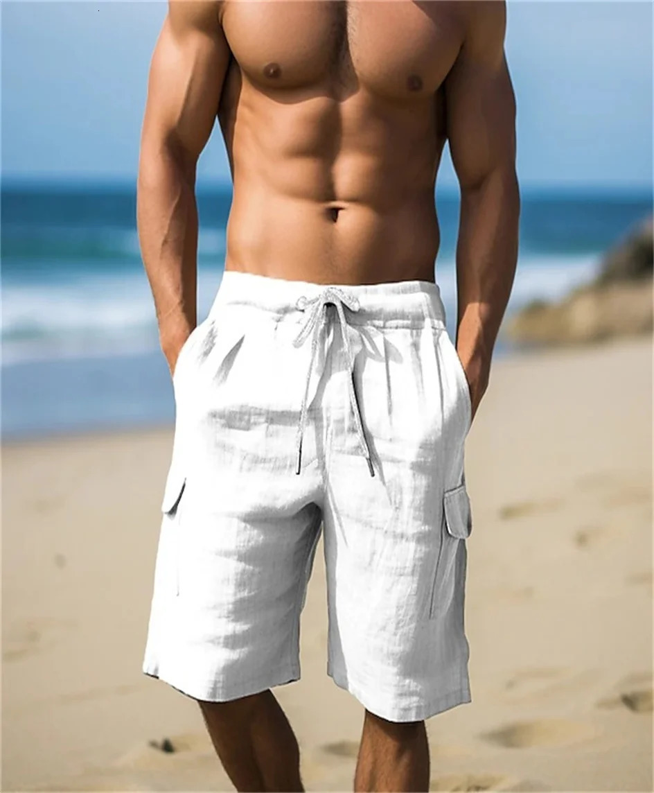 Mens shorts linen solid tool style elastic drawstring side pockets comfortable lightweight and fashionable quarter pants 250317
