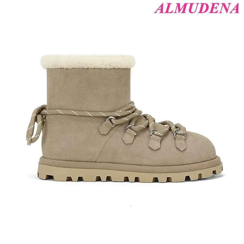 Black/Brown Flats Lace Up Snow Boots Women's Suede Fur Winter Warm Round Toe Soft Booties Designer Causal Dress Shoes